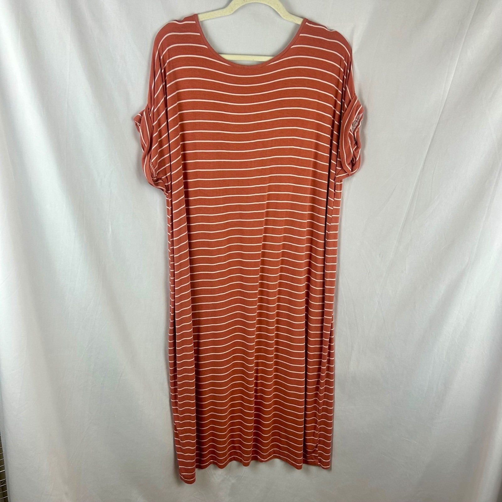 Bytavi B/T Women Xl Orange Stripe V Neck Knee Length Dress Short Sleeve Stretch — image 6 of 8